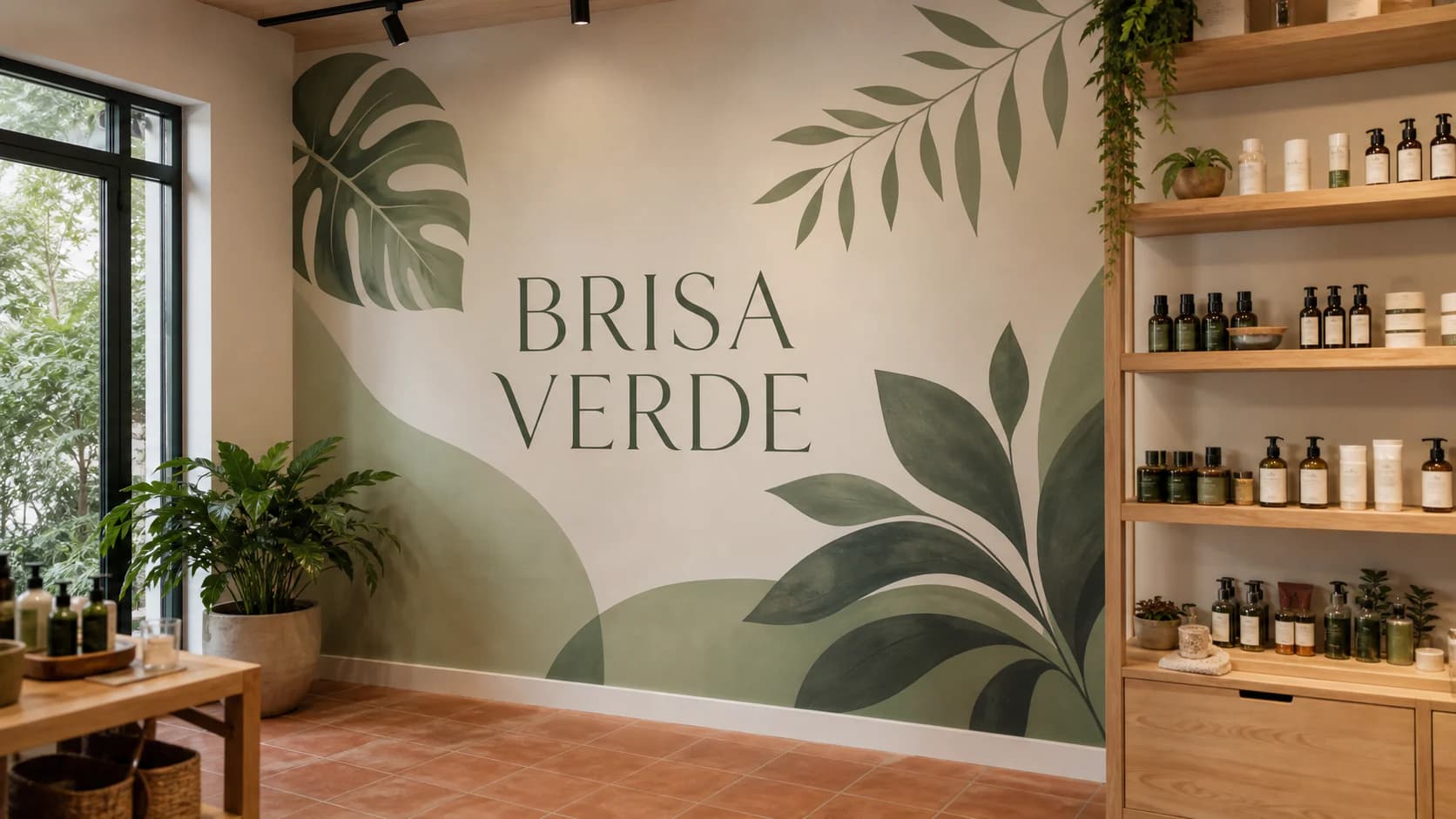 Parede interna de loja de cosméticos com adesivo em vinil e identidade visual Brisa Verde
