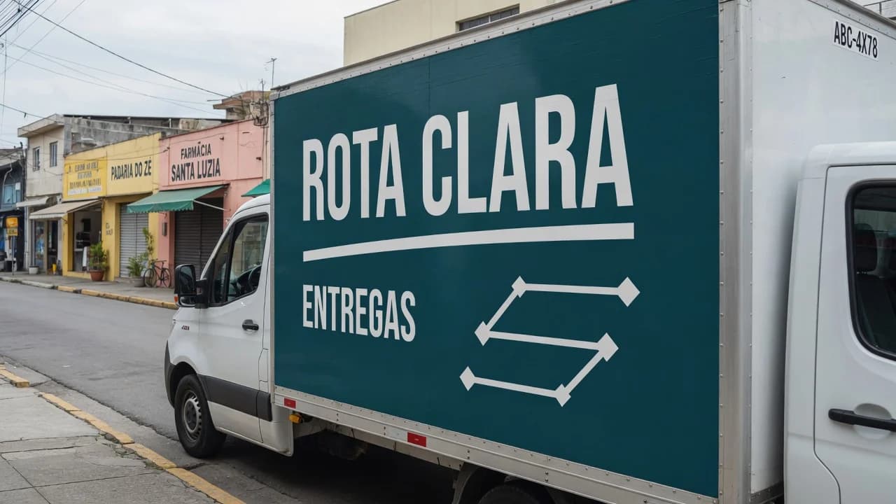Caminhão leve comercial com plotagem lateral da marca Rota Clara em vinil, em rua comercial brasileira