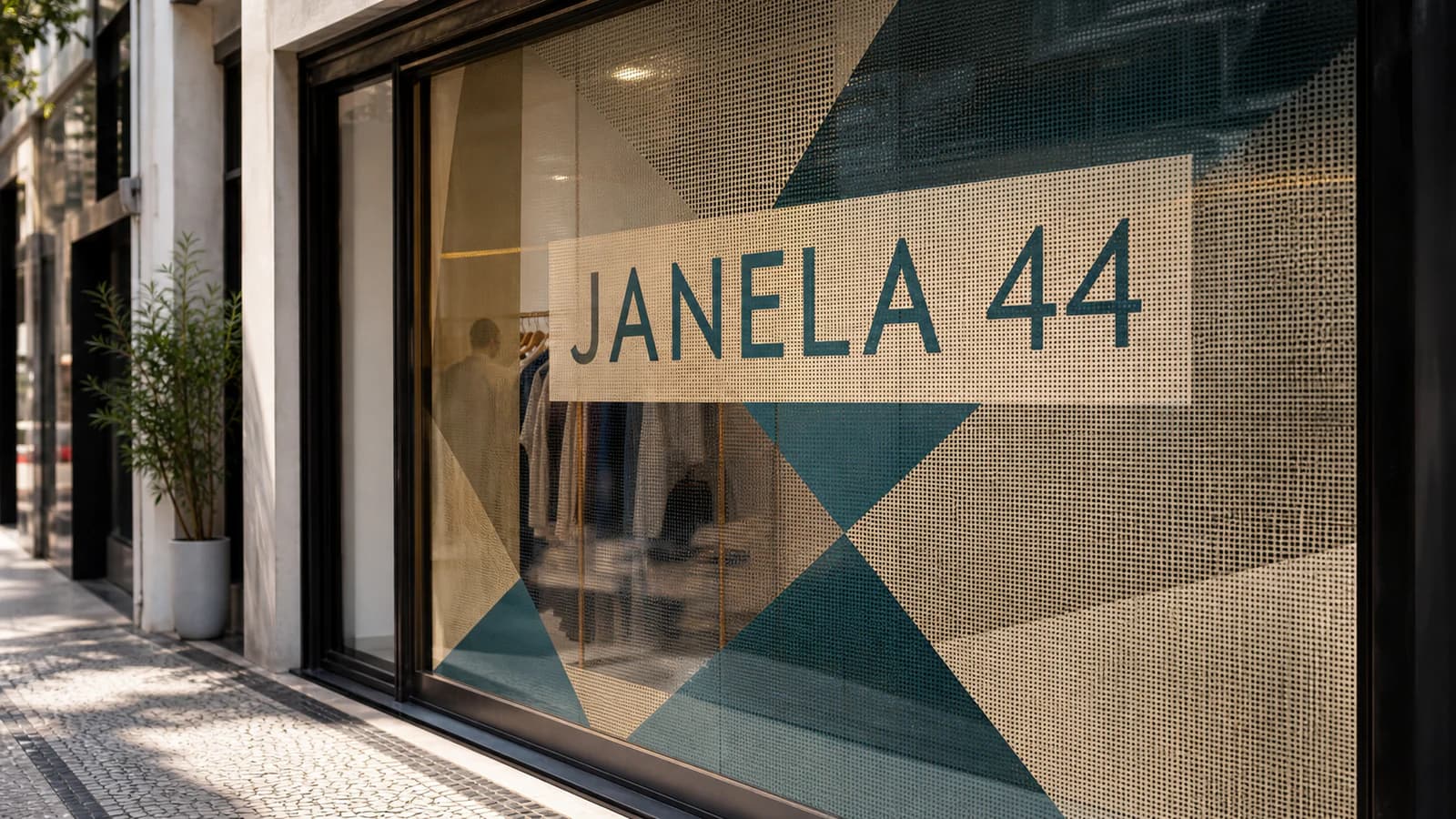 Vitrine da marca fictícia Janela 44 com adesivo perfurado colorido visto de fora e interior visível por trás