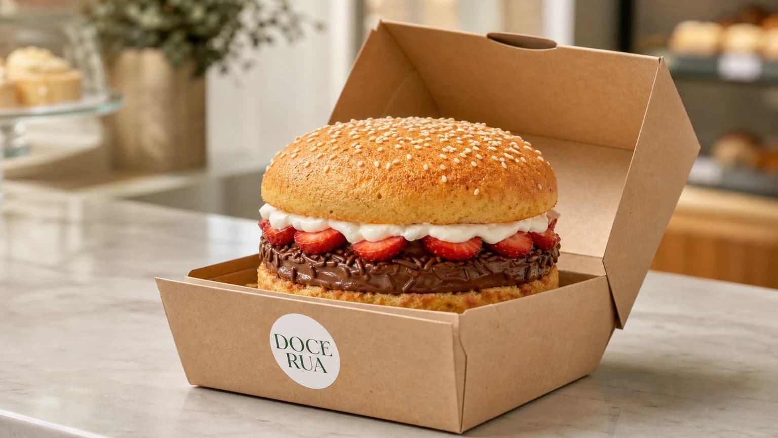 Bolo em formato de hambúrguer dentro de caixa kraft personalizada com etiqueta de confeitaria