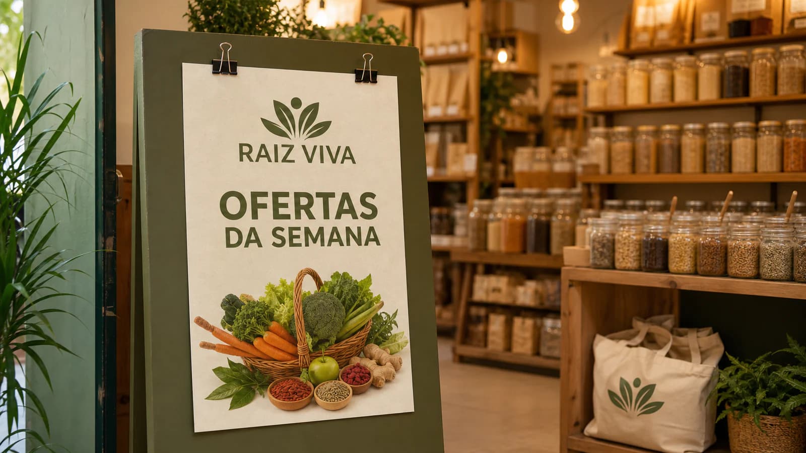 Cartaz promocional impresso em suporte de loja de produtos naturais