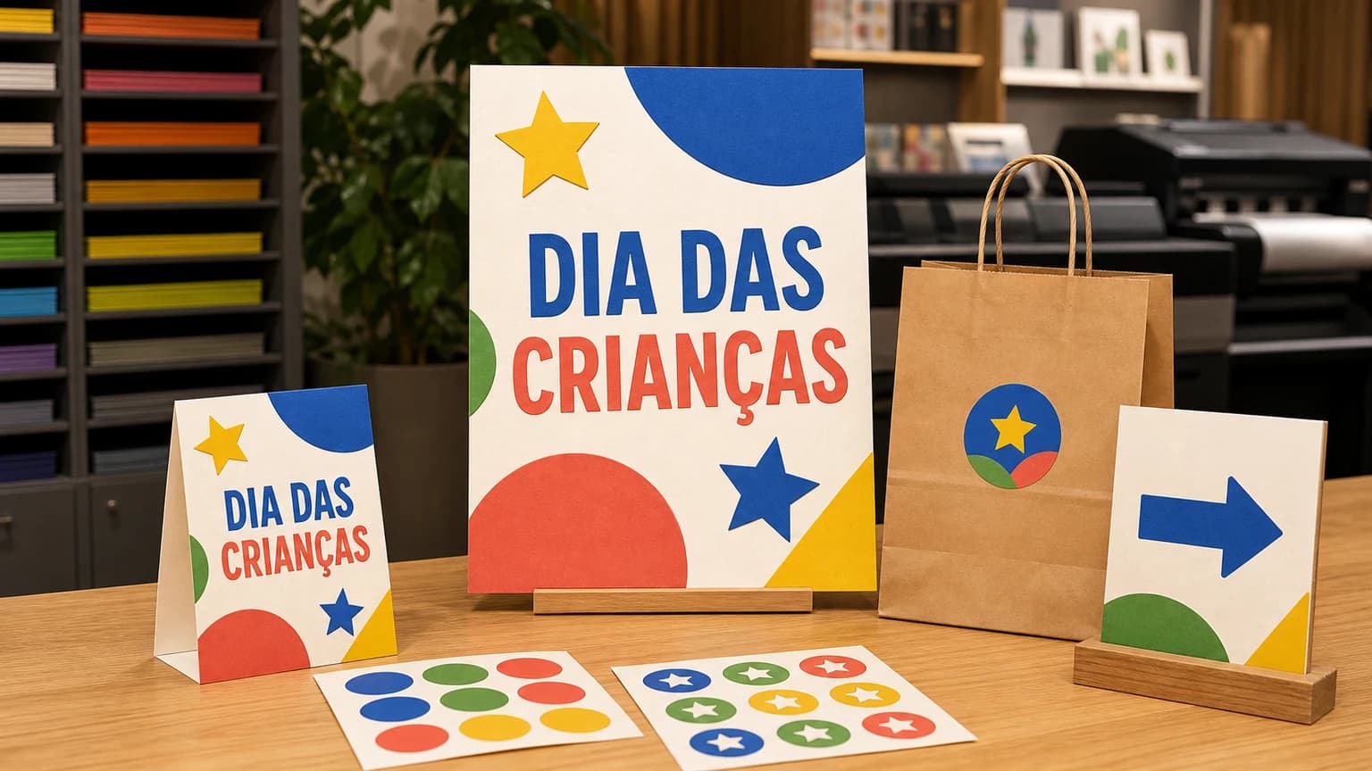 Kit gráfico colorido para Dia das Crianças com cartaz, folheto, adesivos e embalagens sobre balcão