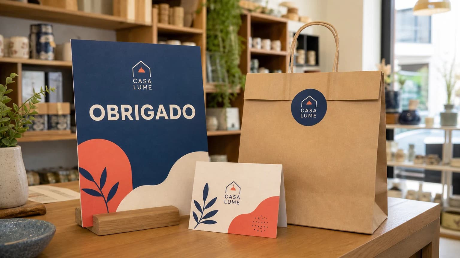 Kit impresso de Dia do Cliente com cartão de agradecimento, display e etiqueta sobre balcão de loja
