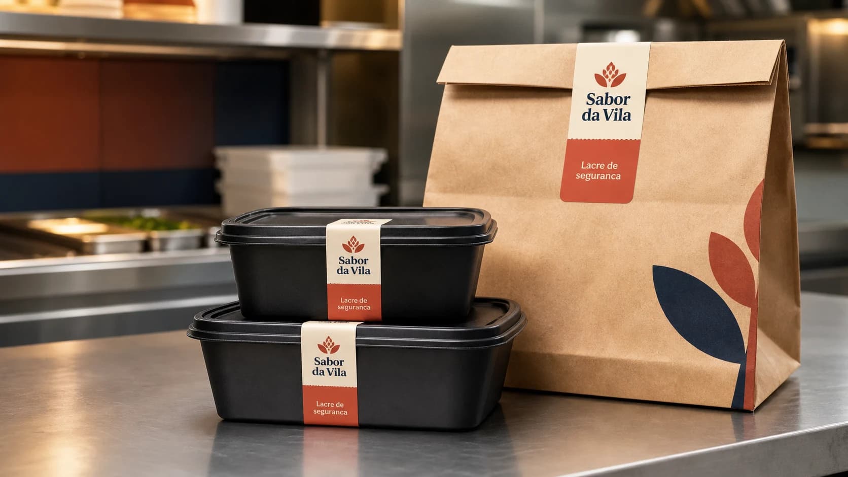 Etiquetas lacre personalizadas fechando marmitas e uma sacola de delivery