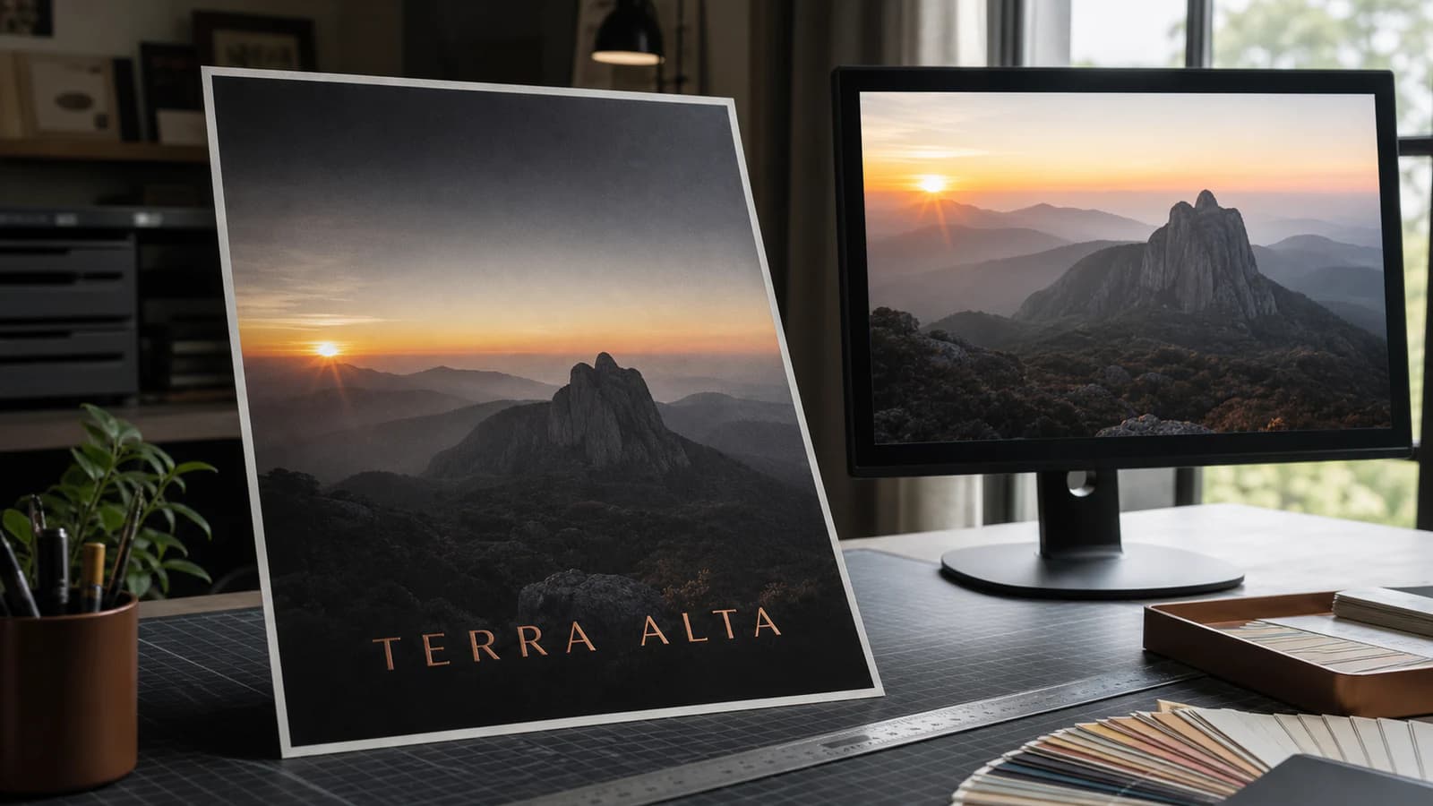 Pôster impresso da marca fictícia Terra Alta ao lado de um monitor mostrando a mesma fotografia mais clara