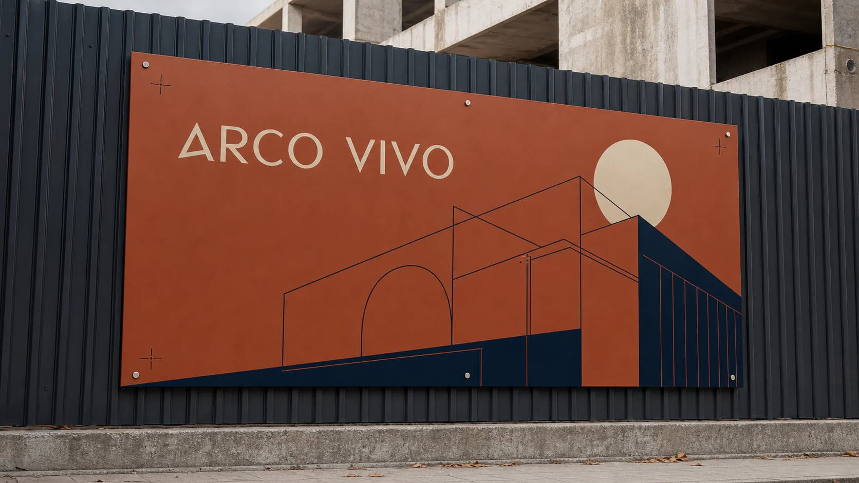 Placa de identificação de obra em estrutura metálica diante de um canteiro urbano