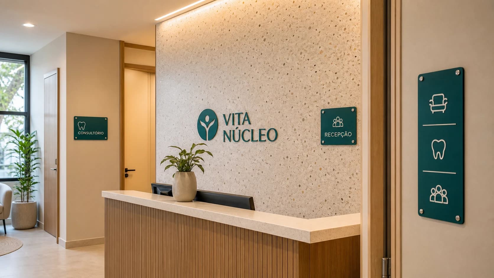 Recepção de clínica com placas verdes de identificação para consultório e recepção