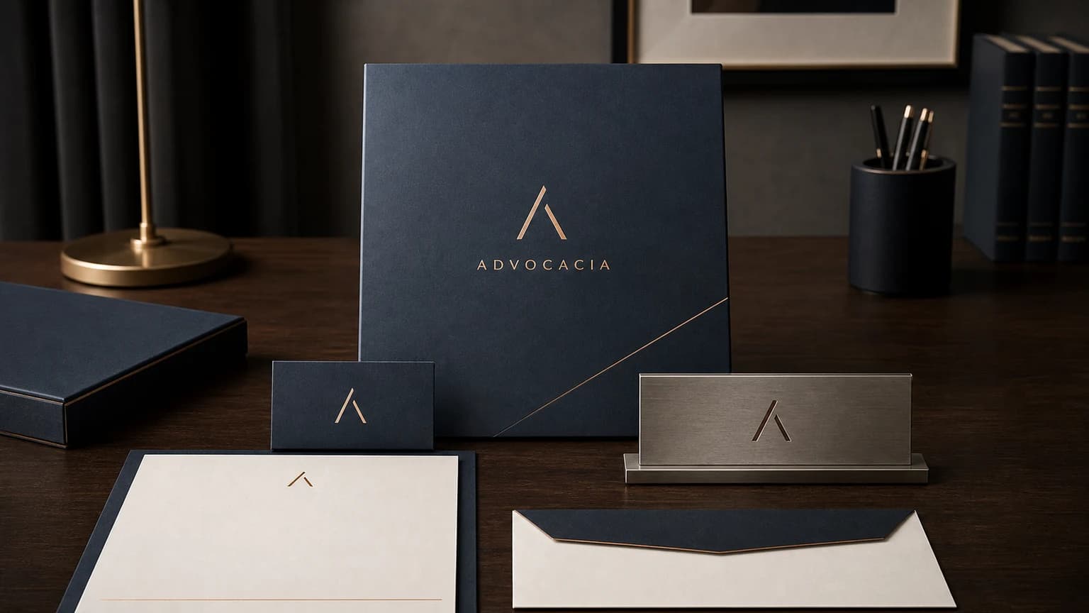 Conjunto sóbrio de materiais impressos para escritório de advocacia com pasta, cartão e placa