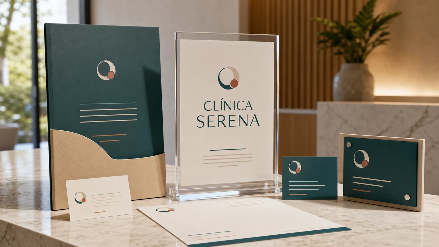 Conjunto de materiais impressos para clínica com placa, cartão, pasta e identificação de recepção