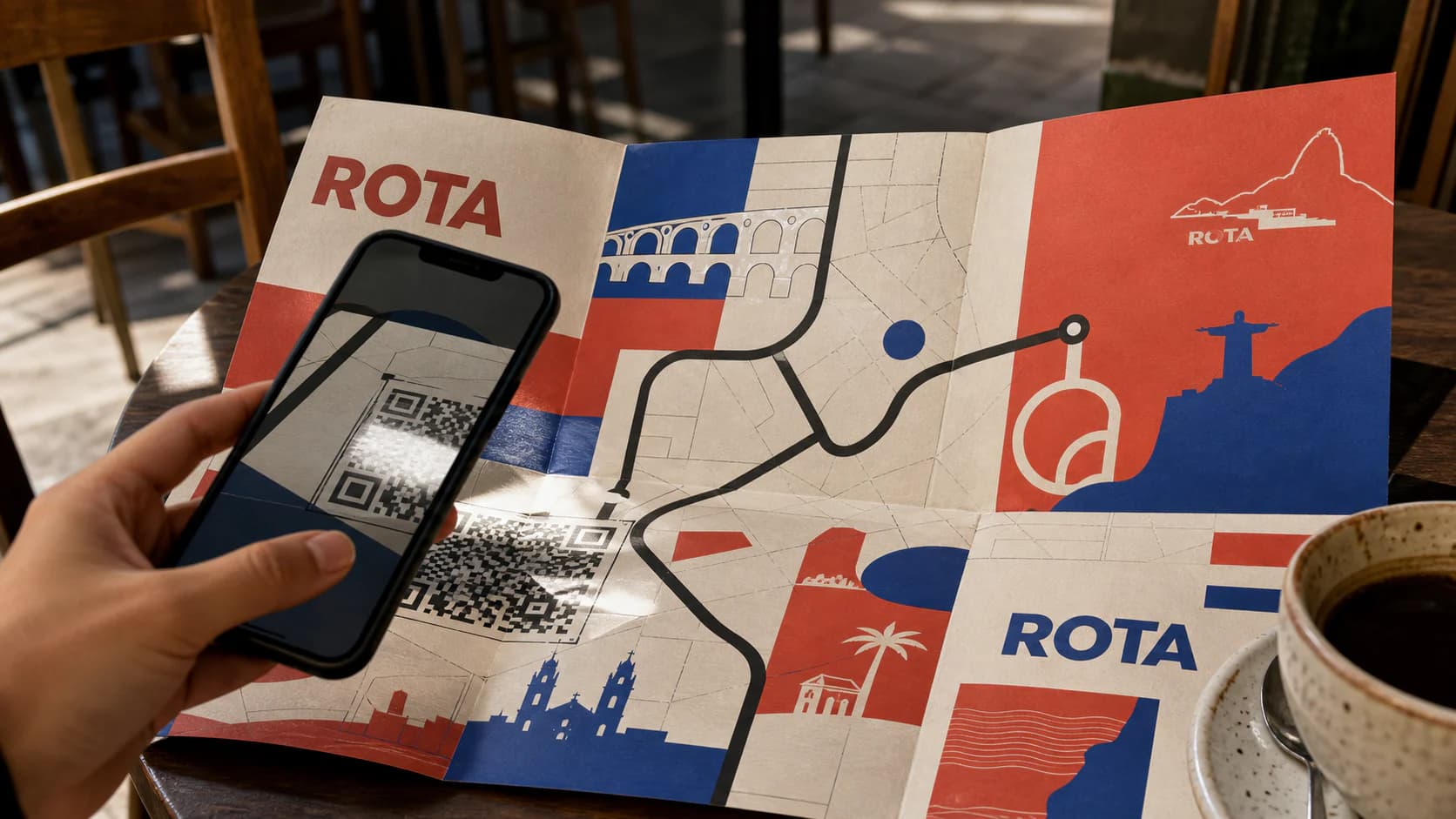 Mapa impresso da marca fictícia ROTA com QR Code próximo à dobra sendo testado por um celular