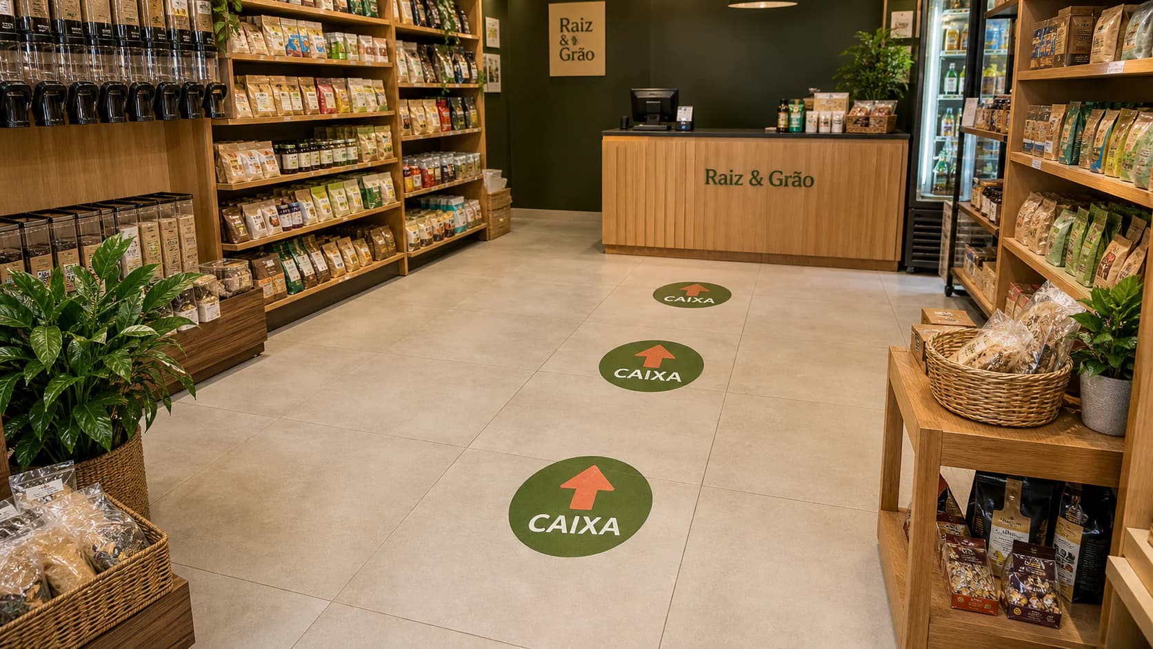 Adesivos de piso com setas orientando clientes em uma loja de produtos naturais