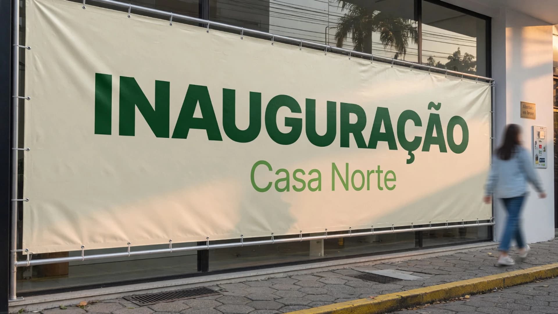 Faixa de inauguração em lona creme com tipografia INAUGURAÇÃO e marca Casa Norte, esticada em estrutura na fachada de loja