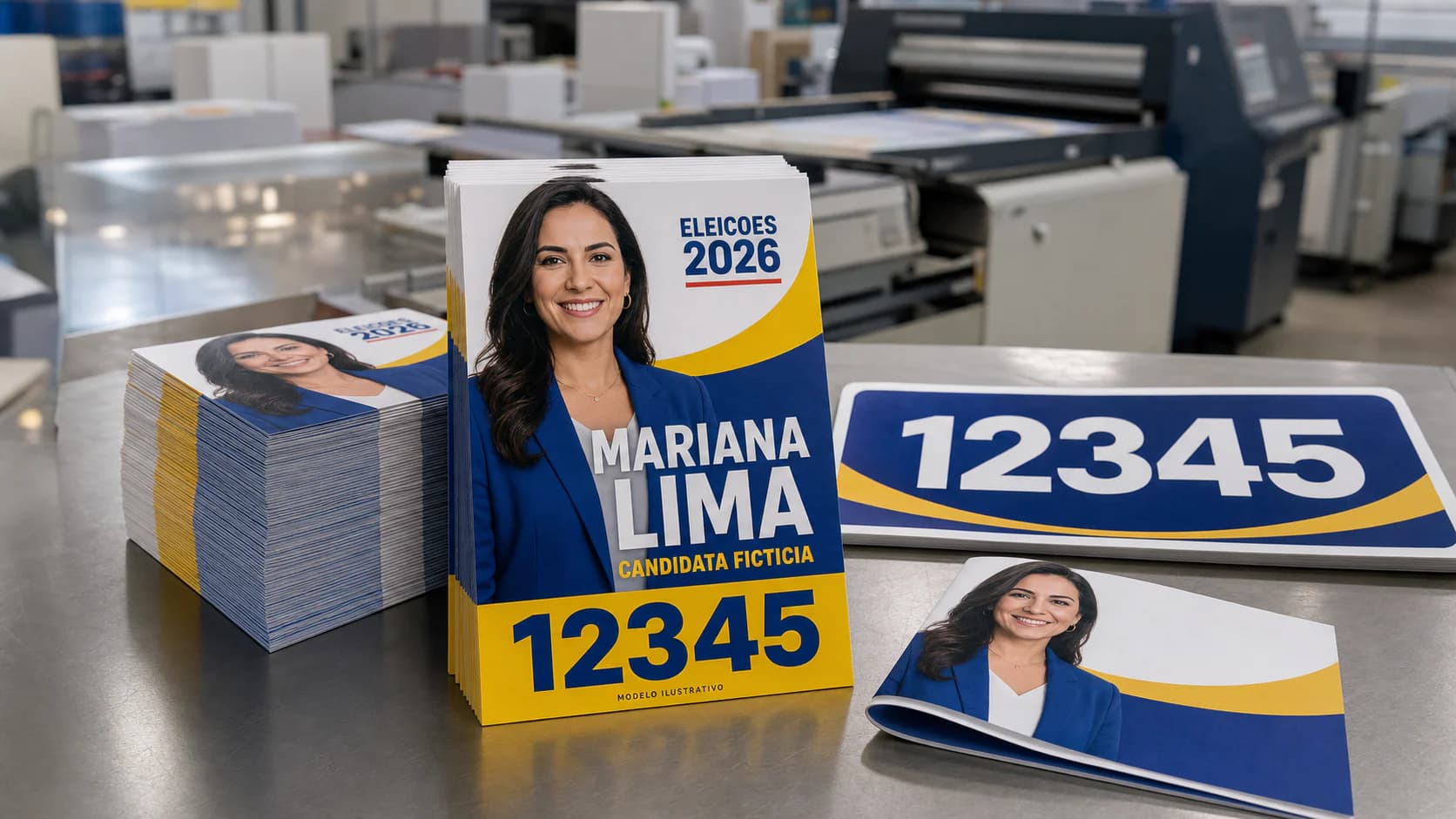 Mesa de produção gráfica com amostras de impressos e adesivo para conferência