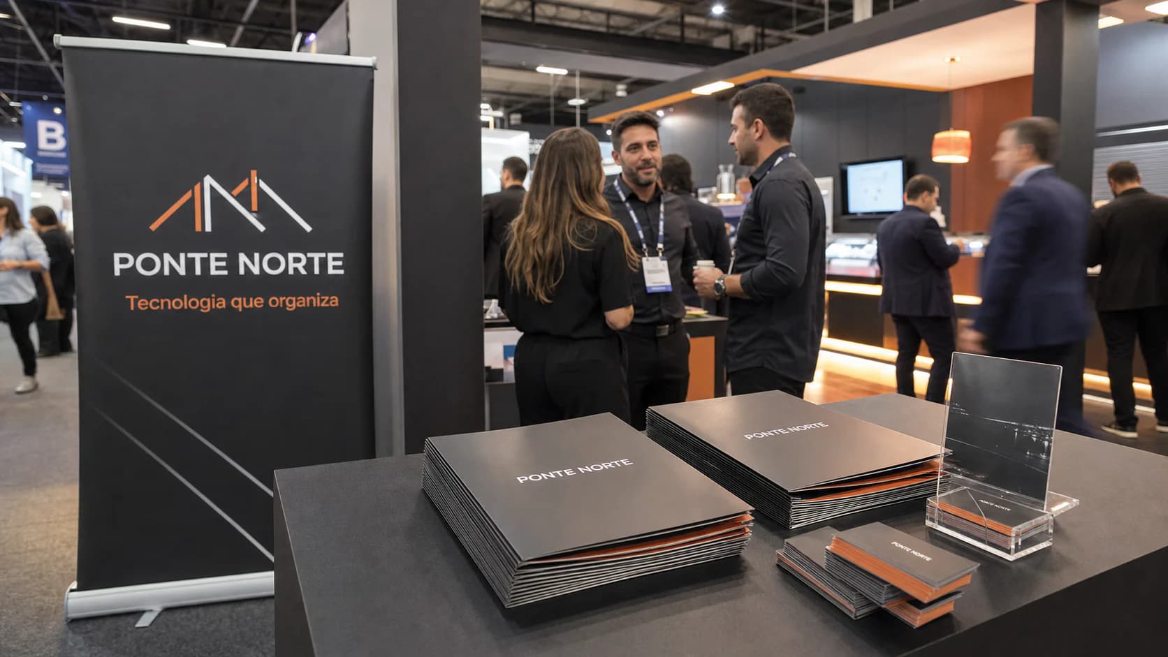 Estande de consultoria em feira de negócios com banner, folders e cartões de visita impressos
