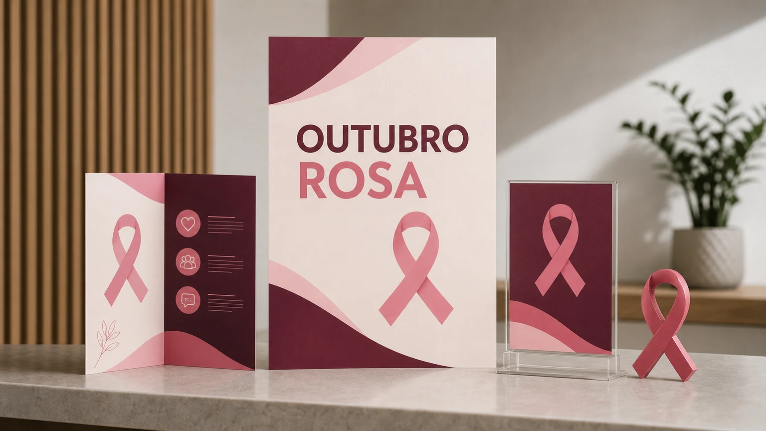 Kit impresso de campanha Outubro Rosa com cartaz informativo, folheto e display em recepção