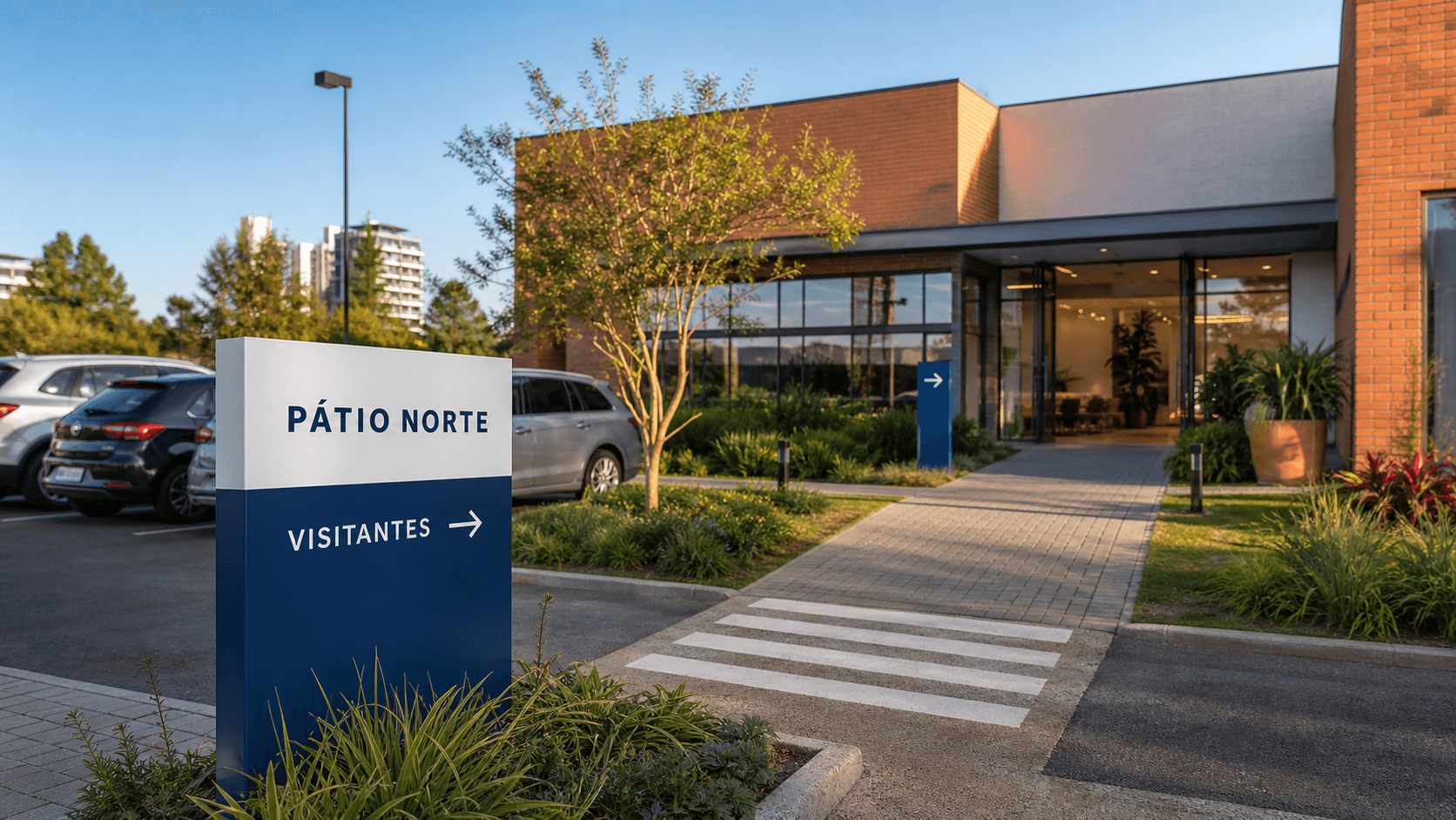Estacionamento comercial da empresa fictícia Pátio Norte com placas direcionais azuis e rota de pedestres sinalizada