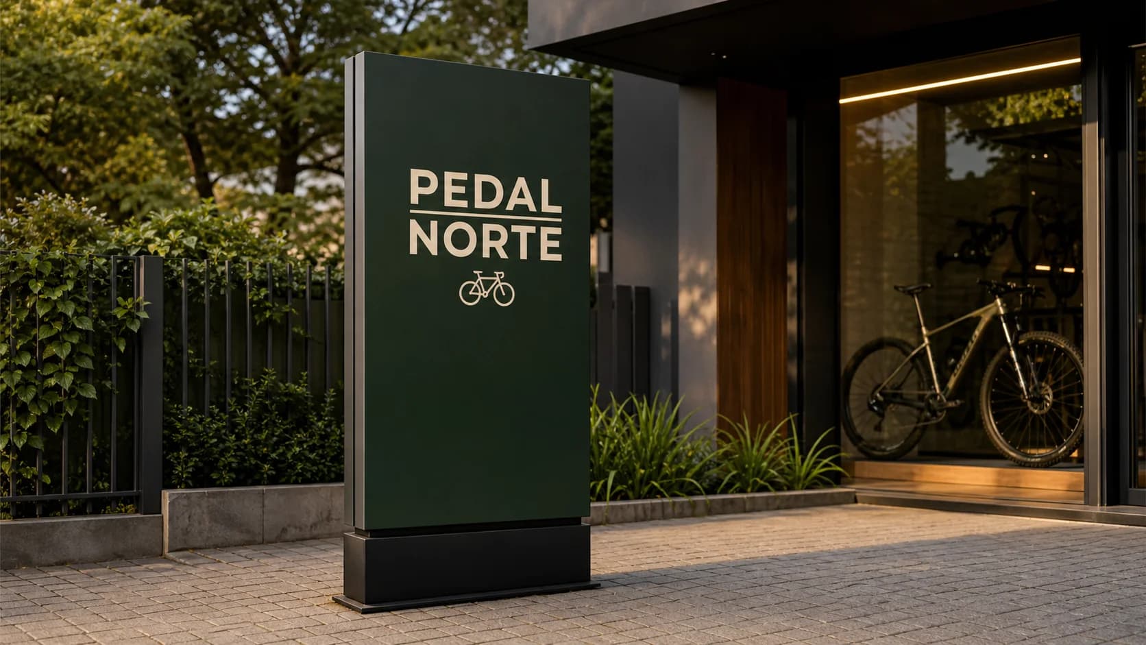 Totem vertical em ACM na entrada de uma loja de bicicletas