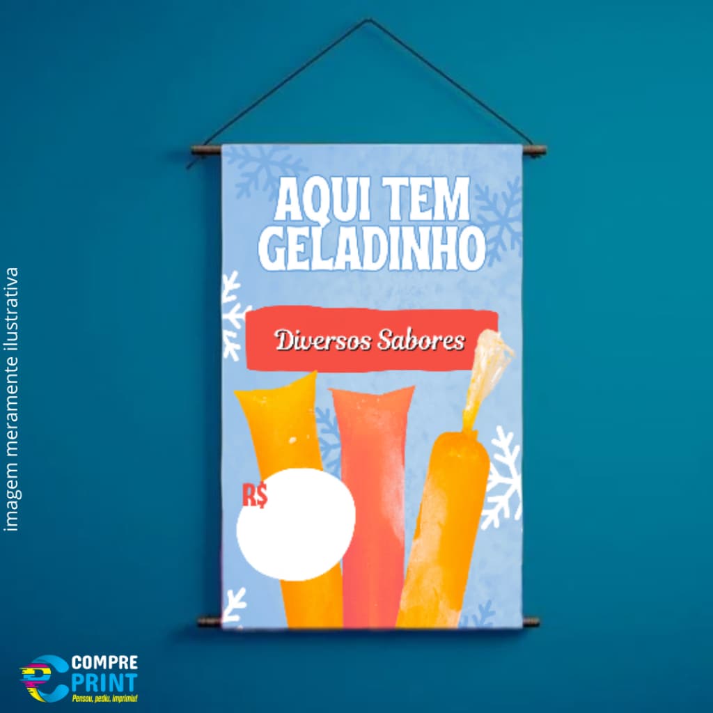 Banner "Aqui tem Geladinho" com área para escrever o preço - ARTE PRONTA
